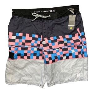 Ocean Current Mens Black Pink Checkered Board Shorts Swim Trunks Size 34 NEW